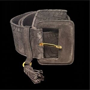 Vintage Salvatore Ferragamo Italian Black Suede Wide Leather Belt With Tassel